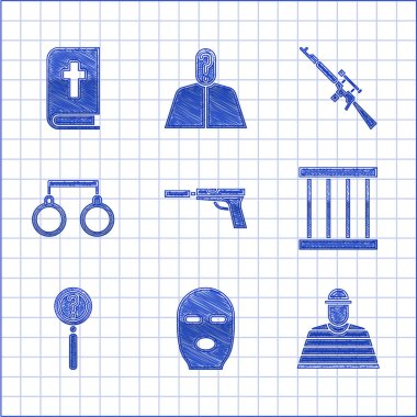 Susturuculu tabanca, Hırsız maskesi, tutuklu, pencere, büyüteç araması, kelepçe, dürbünlü dürbün ve kutsal kitap ikonu. Vektör