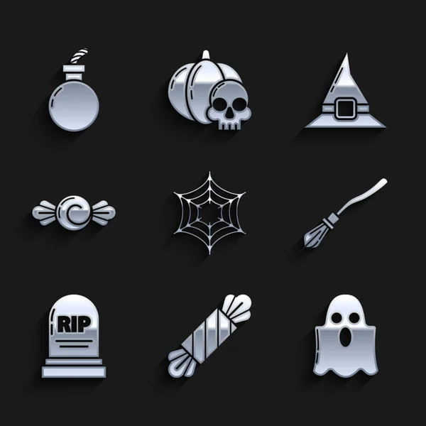 Set Spider web, Candy, Ghost, Witches broom, Tombstone with RIP, hat and Bomb ready explode icon. Vector — Wektor stockowy
