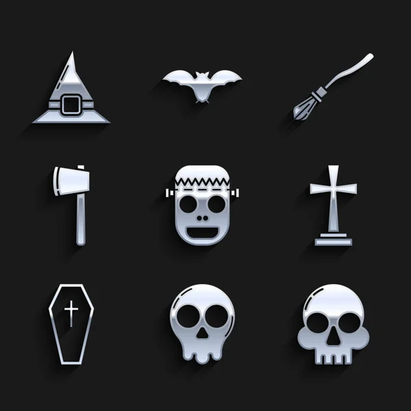 Set Zombie maska, Lebka, Tombstone s křížem, Coffin křesťan, dřevěná sekera, čarodějnice koště a klobouk ikona. Vektor — Stockový vektor