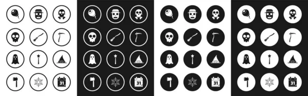 Set Skull on crossbones, Witches broom, Eye, Scythe, Zombie mask, hat and Ghost icon. Vector —  Vetores de Stock