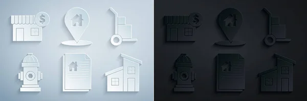 Set House contract, Hand truck and boxes, Fire hydrant, Map pointer with house and dollar symbol icon. Vector — ストックベクタ