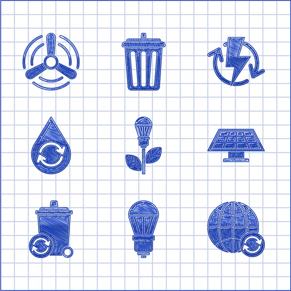 Set Light bulb with leaf, LED light, Planet earth and recycling, Solar energy panel, Recycle bin recycle symbol, clean aqua, Recharging and Wind turbine icon. Vector — стоковый вектор