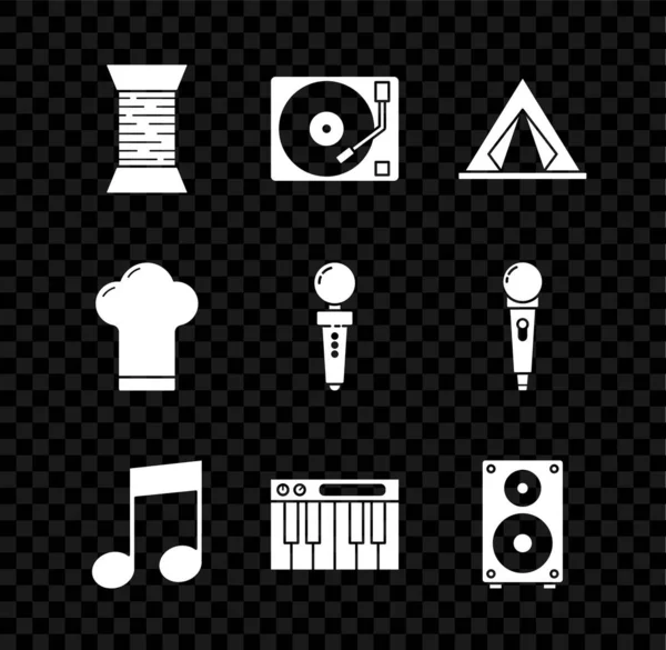 Set Sewing thread on spool, Vinyl player with vinyl disk, Tourist tent, Music note, tone, synthesizer, Stereo speaker, Chef hat and Joystick for arcade machine icon. Vector — Stock Vector