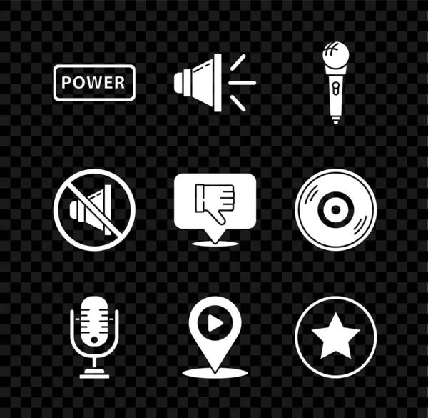 Set Power gomb, hangszóró hangerő, mikrofon, Digitális média játék helyét, Csillag, néma és nem tetszik a beszéd buborék ikon. Vektor — Stock Vector