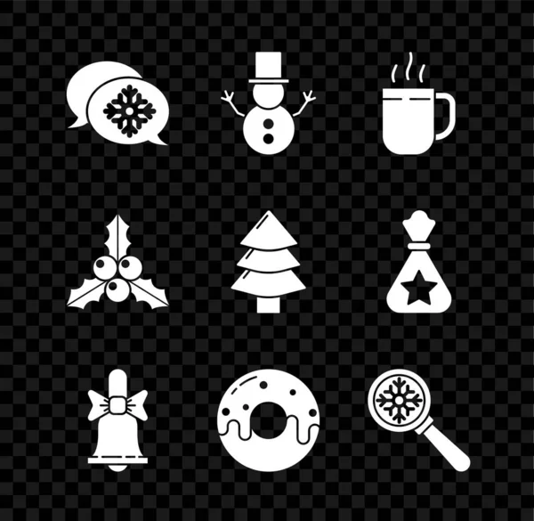 Set Vločka s řečovou bublinou, Vánoční sněhulák, Káva pohár, Veselé zvonění zvonek, Kobliha sladká glazura, lupa skleněná vločka, Větev viburnum nebo guelder růže a ikona stromu. Vektor — Stockový vektor