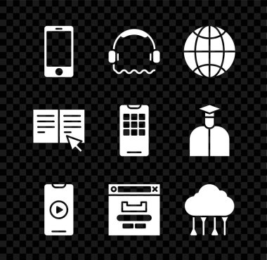 Cep telefonu, Kulaklık, Sosyal ağ, Online oyun videosu, Tarayıcı penceresi, Network bulut bağlantısı, kitap ve simge. Vektör