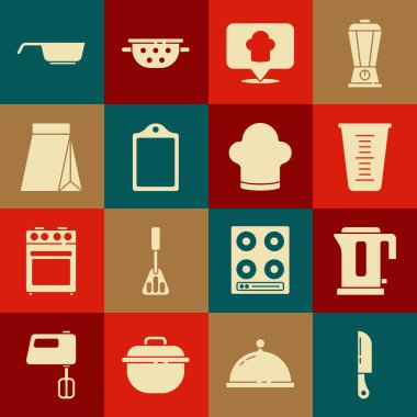 Set Knife, Electric kettle, Measuring cup, Chef hat with location, Cutting board, Bag of coffee beans, Frying pan and icon. Vector