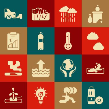 Batarya, Yıkılmış petrol tankeri, Bulut, yağmur, bir şişe su, küresel ısınma, araba egzozu ve meteoroloji termometresi ikonu. Vektör