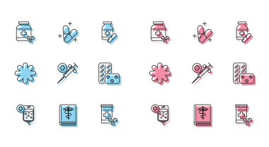 Serum torbasını, tıp kitabını, ilaç şişesini ve hapları iğneli şırıngayı, su toplayan ilaçları, Haç hastanesi sağlık çantasını ve tablet ikonunu hazırlayın. Vektör