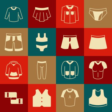 Set Undershirt, tişört, etek, gömlek, mayo, kısa pantolon, süveter ve ikon. Vektör