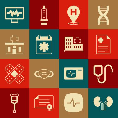Set Human kidneys, IV bag, Patient record, Location hospital, Doctor appointment, Hospital building, Monitor with cardiogram and icon. Vector