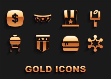 Set American flag, football goal post, Hexagram sheriff, Burger, Barbecue grill, Patriotic top hat, Dollar symbol and Carnival garland with flags icon. Vector