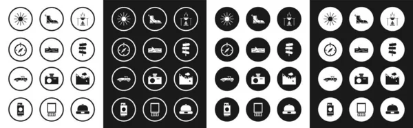 Set Campfire and pot, Wooden log, Compass, Sun, Road traffic signpost, Hiking boot, Mountains and Car icon. Vector — Wektor stockowy