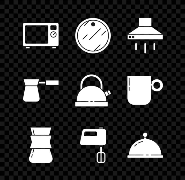 Set Microwave oven, Cutting board, Kitchen extractor fan, Coffee turk, Electric mixer, Covered with tray food, and Kettle handle icon. Vector — Wektor stockowy