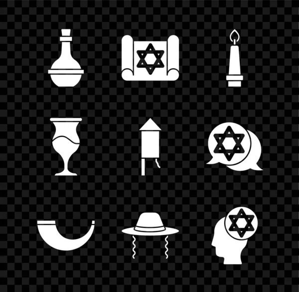 Set Jewish wine bottle, Torah scroll, Burning candle, Traditional ram horn, shofar, Orthodox jewish hat, goblet and Firework rocket icon. Vector — стоковый вектор