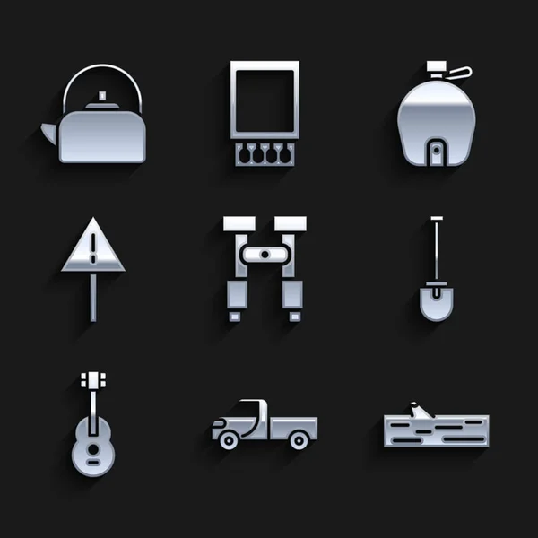 Set Binoculars, Pickup truck, Wooden log, Shovel, Guitar, Exclamation mark triangle, Canteen water bottle and Kettle with handle icon. Vector - Stok Vektor