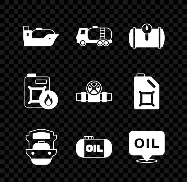 Set Oil tanker ship, Tanker truck, Gas for vehicle, storage, Word oil, Canister motor and Metallic pipes and valve icon. Vector — Archivo Imágenes Vectoriales