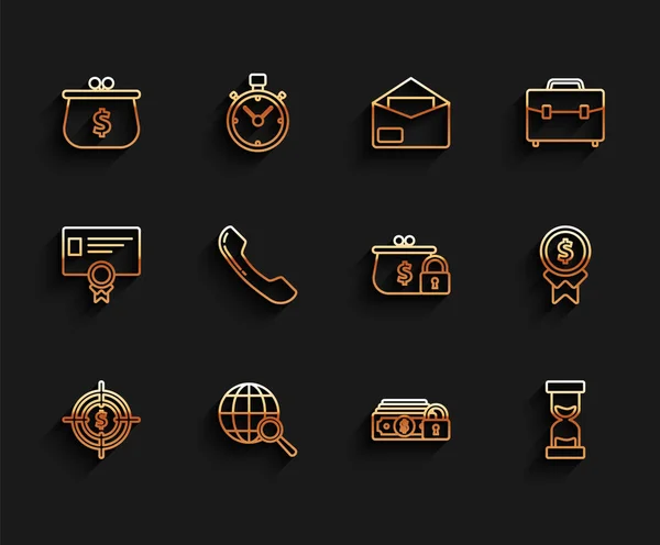 Set line Target with dollar symbol, Magnifying glass globe, Wallet, Money lock, Old hourglass flowing sand, Telephone handset, Reward for good work and Closed wallet icon. Vector — Vettoriale Stock