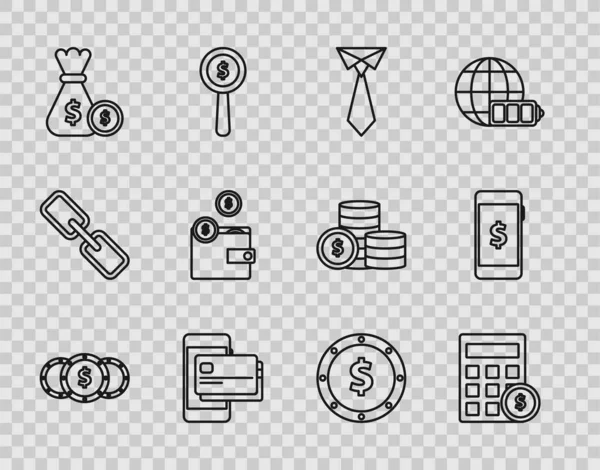 Set line Coin money with dollar symbol, Calculator, Tie, Mobile phone and credit card, Money bag coin, Wallet coins, and Smartphone icon. Vector — Stockvector