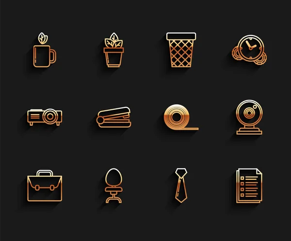 Set line Briefcase, Office chair, Cup of tea and leaf, Tie, File document, stapler, Web camera and Scotch icon. Vector — Vettoriale Stock