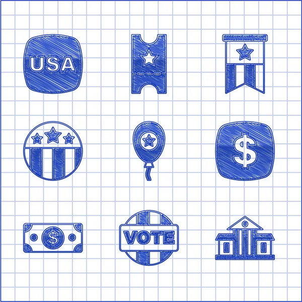 Set Balloons, Vote, White House, Dollar symbol, Stacks paper money cash, Medal with star, American flag and USA Independence day icon. Vector — стоковый вектор