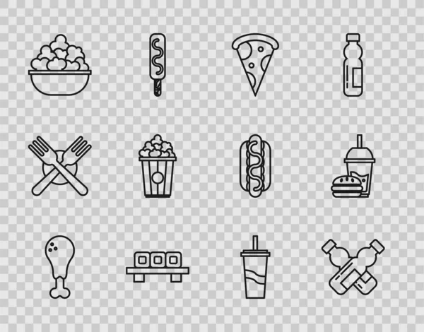 Set lijn Kippenpoot, Kruisfles water, Snijpizza, Sushi op snijplank, Popcorn kom, kartonnen doos, Papier glas met drinkstro en burger icoon. Vector — Stockvector