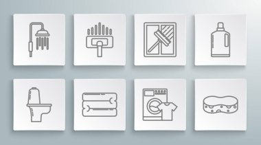 Hat hattı klozet, havlu yığını, çamaşır makinesi ve tişört, sünger, silecek, kazıyıcı, sıvı bulaşık deterjanı için plastik şişeler ve akan ikonla duş başlığı. Vektör