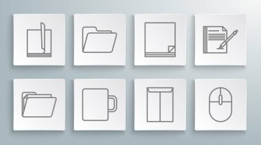 Satır Doküman dizini, Kahve fincanı, Zarf, Bilgisayar faresi, Dosya belgesi, Boş defter, kalem ve simge ayarlayın. Vektör