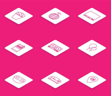 Çizgiyi karton kutuda patlamış mısır, disko topu, video oyun konsolu, açık sigara paketi, DJ uzaktan kumandası müzik çalmak ve karıştırmak için, Balonlar kurdeleli, Festive maske ve kanepe ikonu. Vektör