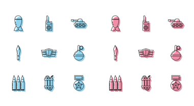 Hat kurşunu, dinamit bomba çubuğu, havacılık, askeri ödül madalyası, el bombası, bıçak ve telsiz ikonu. Vektör