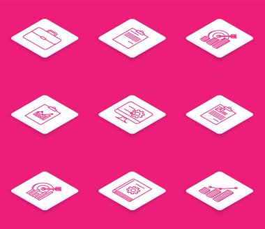 Satır Çantası, Belge, Para sembollü Hedef, Pano grafik şeması, Bilgisayar monitörü, özgeçmiş ve Kullanıcı elle simgesi. Vektör