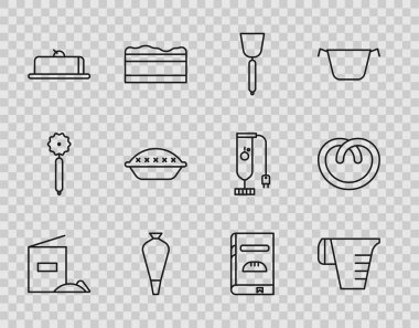 Sıra unu, ölçü kabı, Spatula, süsleme pastası, çilekli cheesecake dilimi, ev yapımı turta, yemek kitabı ve simit. Vektör