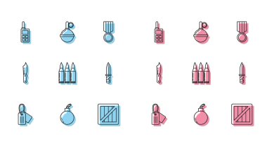 Askeri künyeyi hazırla, bomba patlamaya hazır, telsiz, cephane kutusu, kurşun, bıçak ve el bombası ikonu. Vektör