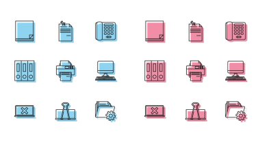 Dizüstü bilgisayarını ve çapraz işaretini ekranda, Dosya belgesinde, dişli dizin ayarlarında, yazıcıda, bilgisayar monitörü klavyesinde, ofis dizinleri belgelerinde ve düğme simgesinde ayarla. Vektör