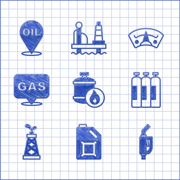 Propan benzin deposu, motor yağı tüpü, benzin pompası enjektörü, sanayi silindiri, petrol platformu, konum ve istasyon, motor göstergesi ve yakıt ikonu doldur. Vektör