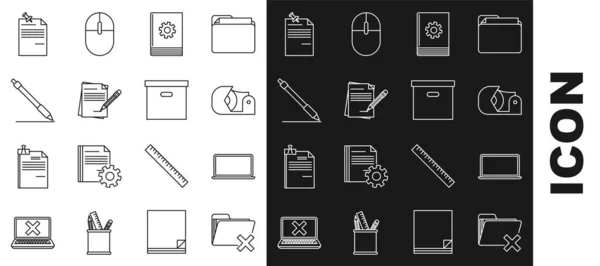 Set line Delete folder, Laptop, Scotch, User manual, Blank notebook and pencil with eraser, Pen line, Note paper pinned pushbutton and Carton cardboard box icon. Vector — Stockvektor