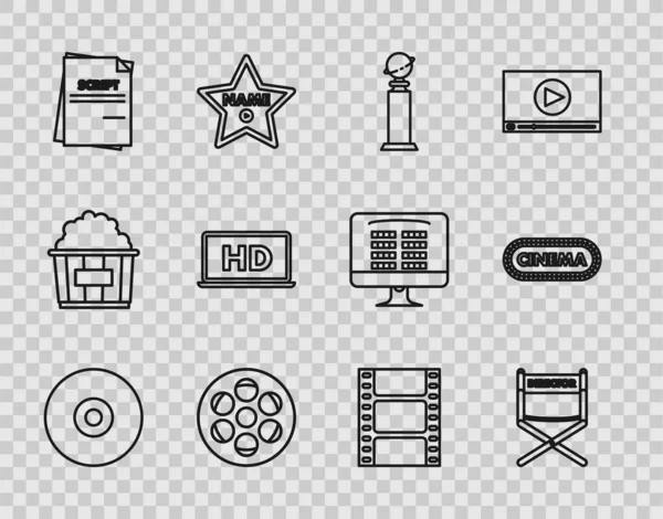 Set line CD or DVD disk, Director movie chair, Trophy Golden Globe, Film reel, Scenario, Laptop screen with HD video technology, Play Video and Cinema poster design template icon. Vector — Vetor de Stock