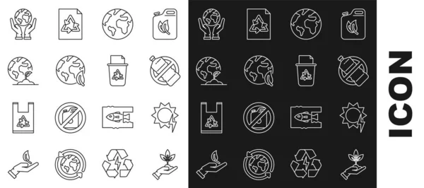 Set line Plant in hand of environmental protection, Solar energy panel, No plastic bottle, Earth globe, leaf, plant, Human hands holding and Recycle bin with recycle symbol icon. Vector —  Vetores de Stock