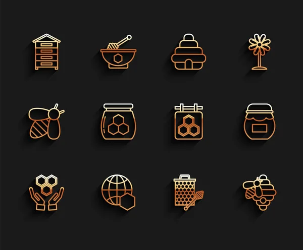 Set line Honeycomb and hands, map of the world, Hive for bees, with honey dipper stickicon, Jar, and Hanging sign honeycomb icon. Vector — Stock vektor