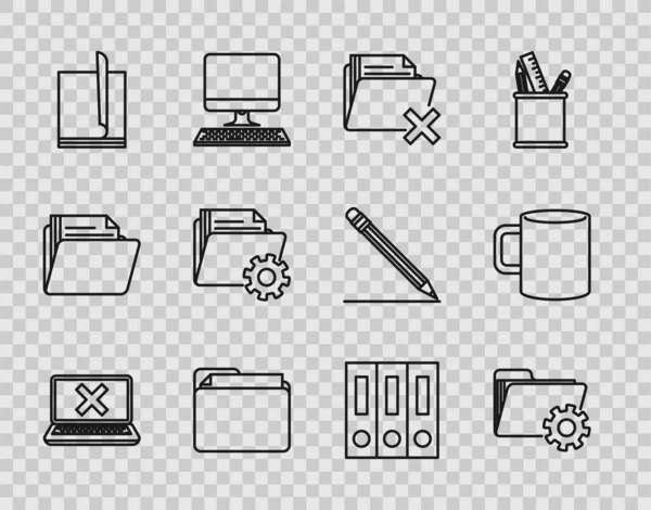 Set line Laptop and cross mark on screen, Folder settings with gears, Delete folder, Document, File document, Office folders papers documents and Coffee cup flat icon. Vector — Vetor de Stock