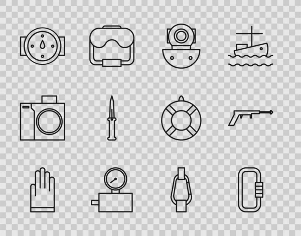 Set line Gloves, Carabiner, Aqualung, Gauge scale, Wind rose, Army knife, and Fishing harpoon icon. Vector — Vector de stock