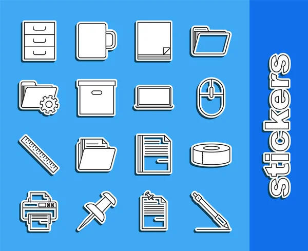 Set line Pen line, Scotch, Computer mouse, File document, Carton cardboard box, Folder settings with gears, Drawer documents and Laptop icon. Vector — Stockvektor