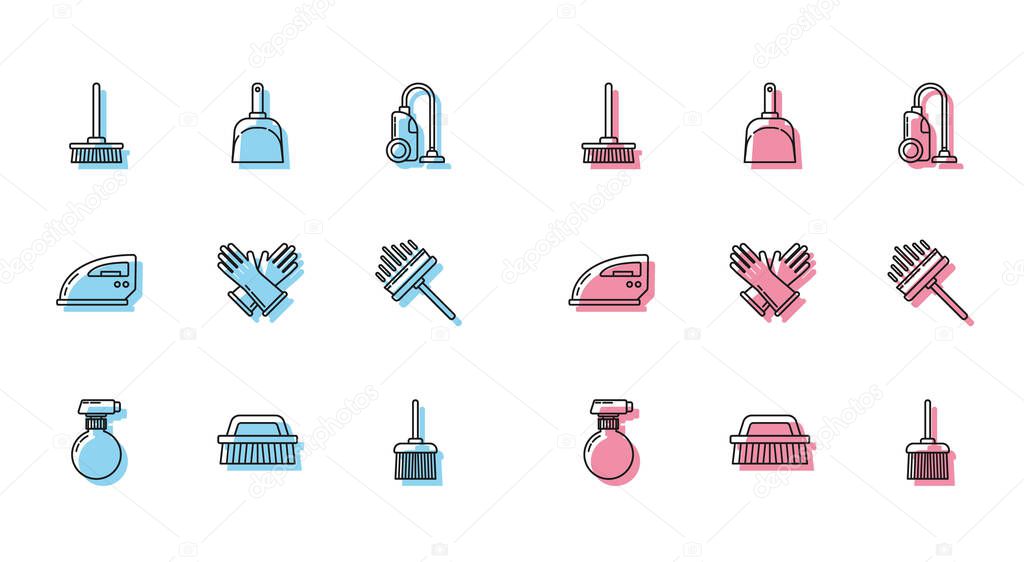 Set line , Brush for cleaning, Mop, Handle broom, Rubber gloves, Squeegee, scraper, wiper, Electric iron and Dustpan icon. Vector