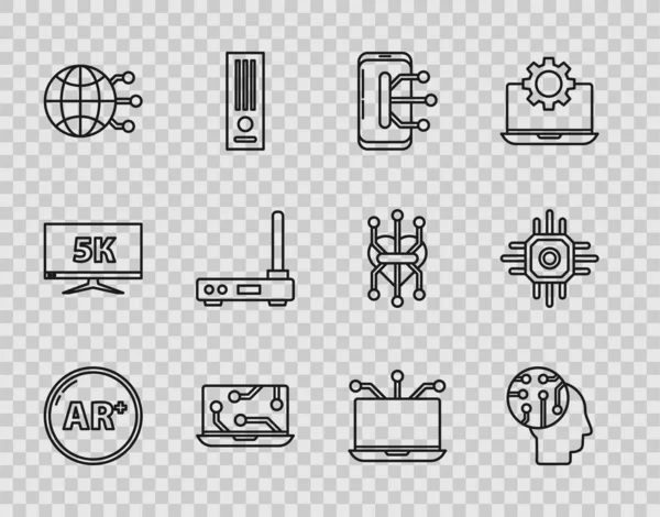 Réglez la ligne Ar, réalité augmentée, cerveau humain comme carte de circuit numérique, Smartphone, téléphone mobile, ordinateur portable, technologie mondiale ou réseau social, routeur et signal wi-fi, et icône du processeur. Vecteur — Image vectorielle