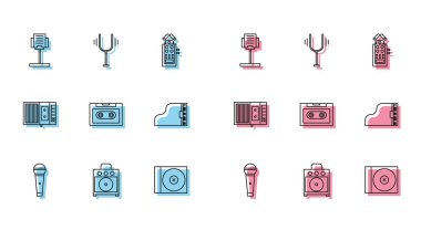 Satır çizgisi Mikrofon, Gitar yükselticisi, Müzik standı, CD veya DVD diski, Retro ses kaseti, Grand piano, player ve Müzikal ayar çatalı simgesi. Vektör