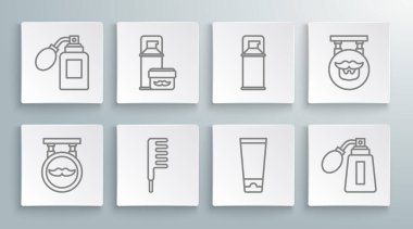 Berber dükkanı, tıraş jeli köpüğü, saç fırçası, krem veya losyon kozmetik tüpü, atomlu tıraş losyonu şişesi ve ikon. Vektör