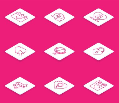 Set line Calendar with 8 March, in speech bubble, Heart, and cursor click, Round makeup mirror, Castle the shape of heart, Diamond and Female gender icon. Vector