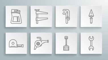 Hat Rulet inşaatı, klemp aleti, Yaprak bahçe üfleyici, kar küreği, İngiliz anahtarı, Trowel ve çimento çanta ikonu. Vektör