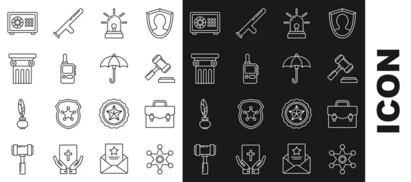 Set line Hexagram sheriff, Briefcase, Judge gavel, Flasher siren, Walkie talkie, Law pillar, Safe and Umbrella icon. Vector — Stock Vector