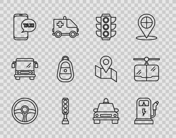 Set line Steering wheel, Electric car charging station, Traffic light, Taxi call telephone service, Car key with remote, and Cable icon. Vector — 스톡 벡터